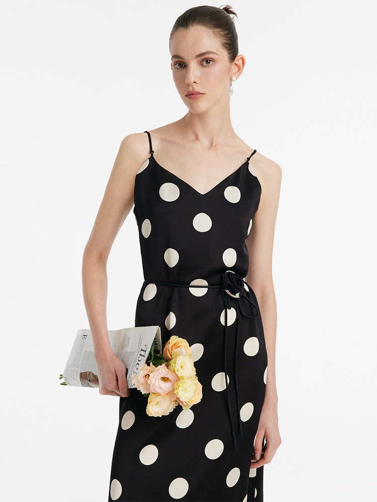 Acetate Polka Dots Printed Spaghetti Strap Women Midi Dress With Rose Belt GOELIA