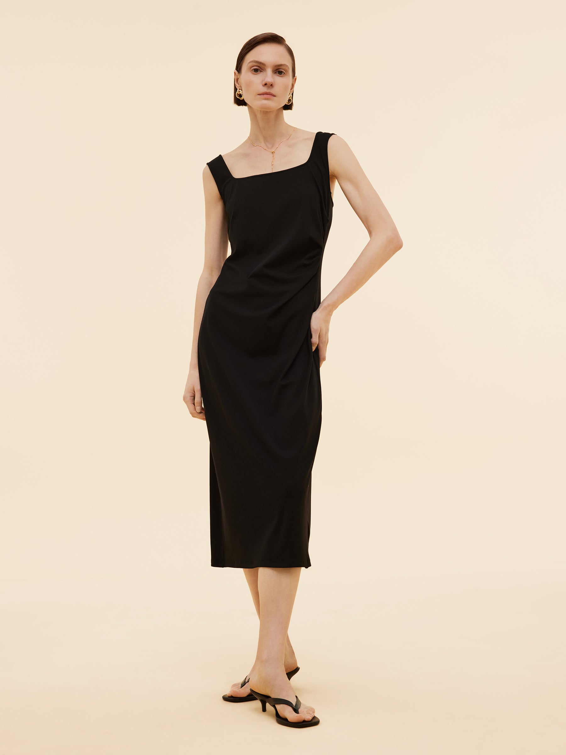 Side Pleat Square Neck Women Sleeveless Knit Maxi Dress GOELIA