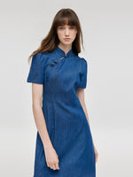 Gradient Denim Women Qipao Midi Dress GOELIA