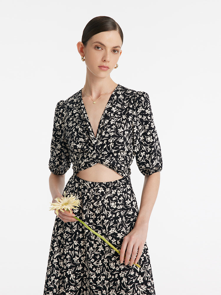 Iris Print V-Neck Tied Women Midi Dress GOELIA