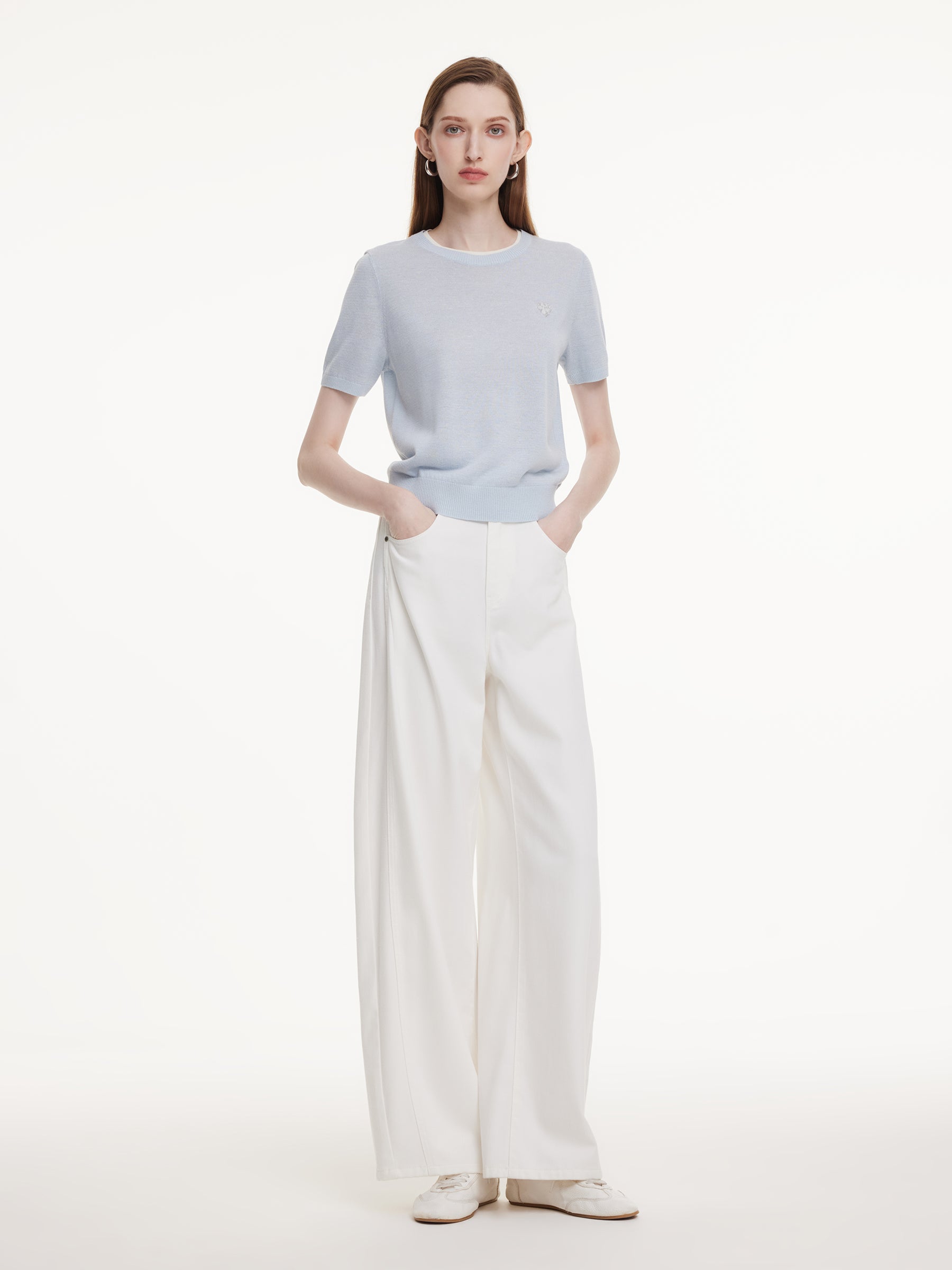 Linen Blend Contrast Round Neck Women Knit Top GOELIA