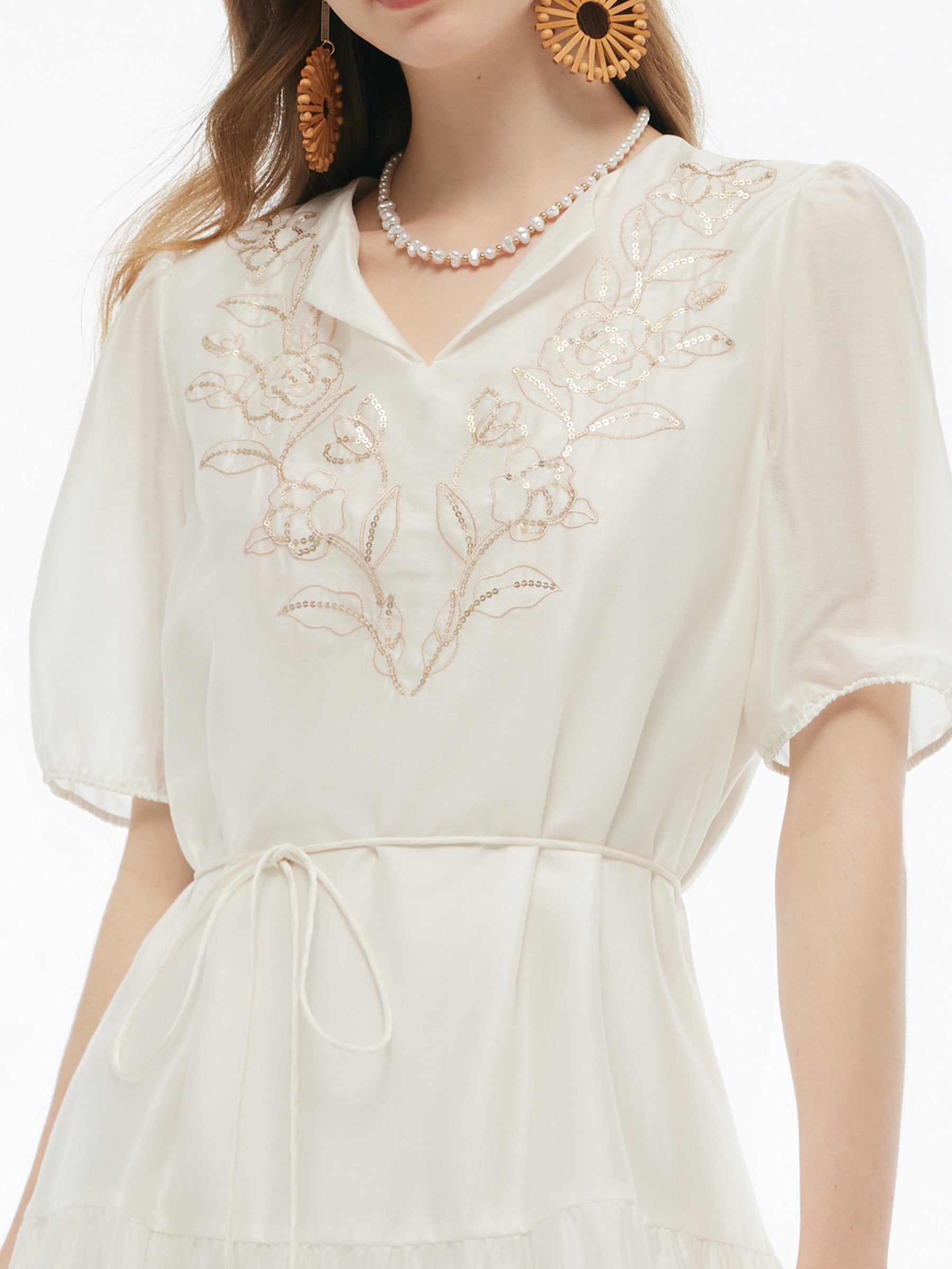 Tencel Blend Sequins Embroidered Women Midi Dress With Tie String Belt GOELIA