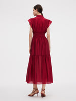 Tencel Blend Women Ruffle Cap Sleeve Maxi Dress With Sash GOELIA