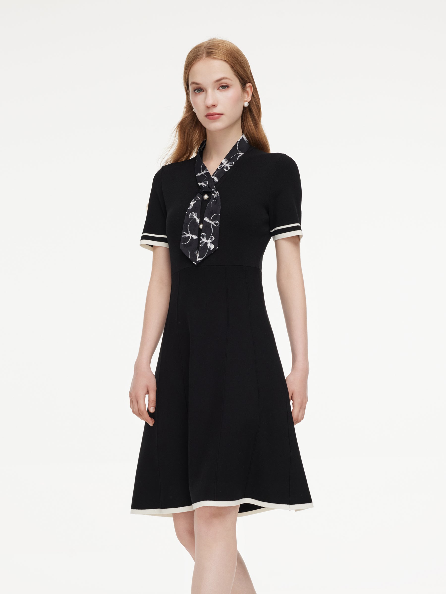 Lyocell Blend Women Knit Midi Dress With Detachable Silky Scarf GOELIA