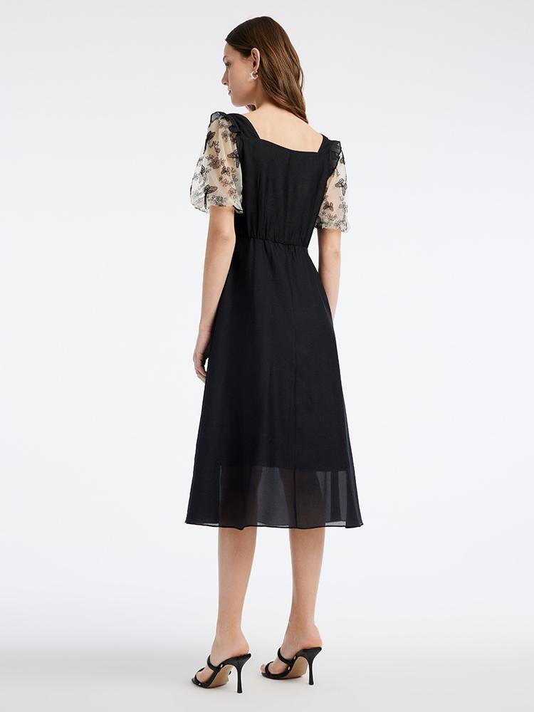 Mesh Patchwork Puff Sleeve Midi Dress GOELIA