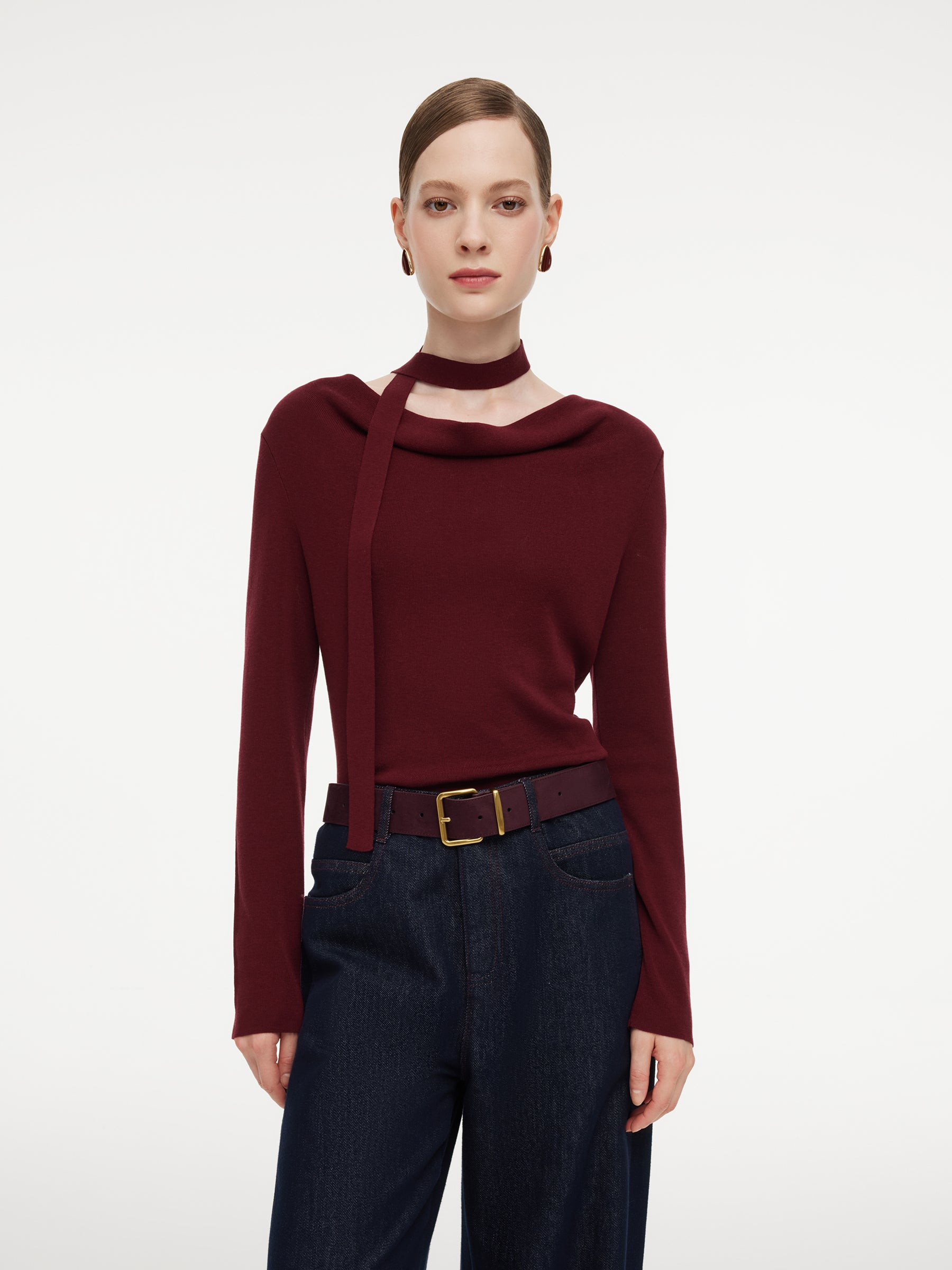 Tencel Wool Blend Cowl Neck Women Knit Top With Ribbon GOELIA