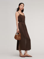 100% Linen Women Strap Maxi Dress With Tie String Belt GOELIA