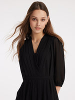 V-Neck Pleated Lace Up Wrap Midi Dress GOELIA