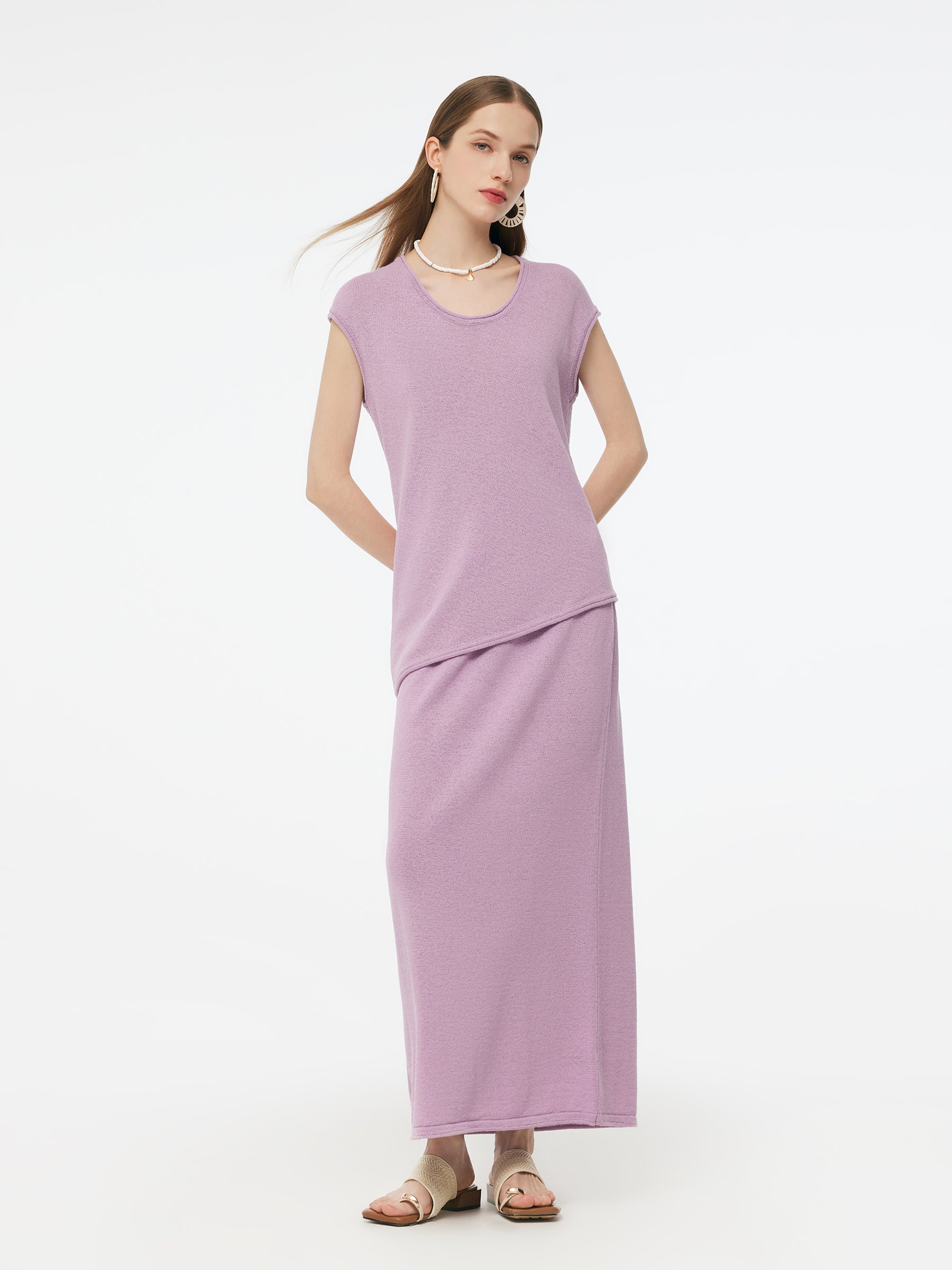 Linen Cotton Blend Asymmetric Hem Women Knit Top GOELIA