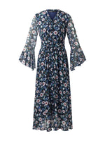 10MM Mulberry Silk Floral Print Women V-Neck Maxi Dress GOELIA