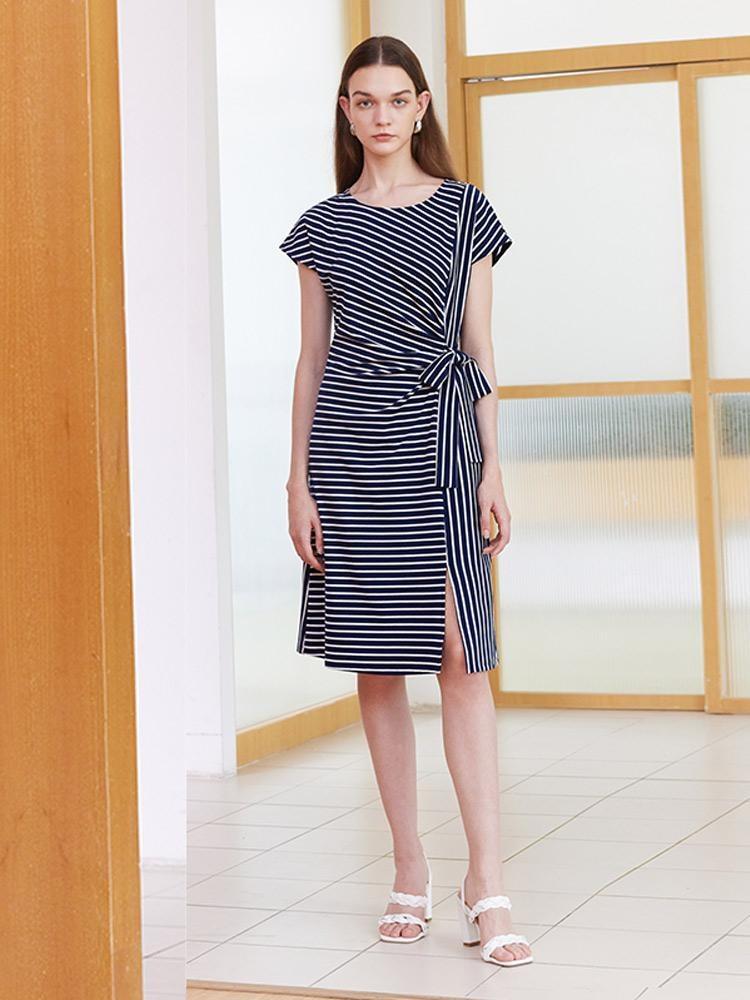 Navy Blue Stripe Wrap Mini Dress GOELIA