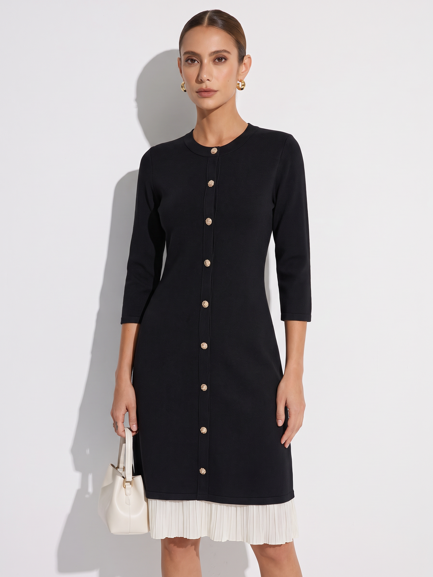 Tencel Blend 3/4 Sleeve Color Block Women Knit Mini Dress GOELIA
