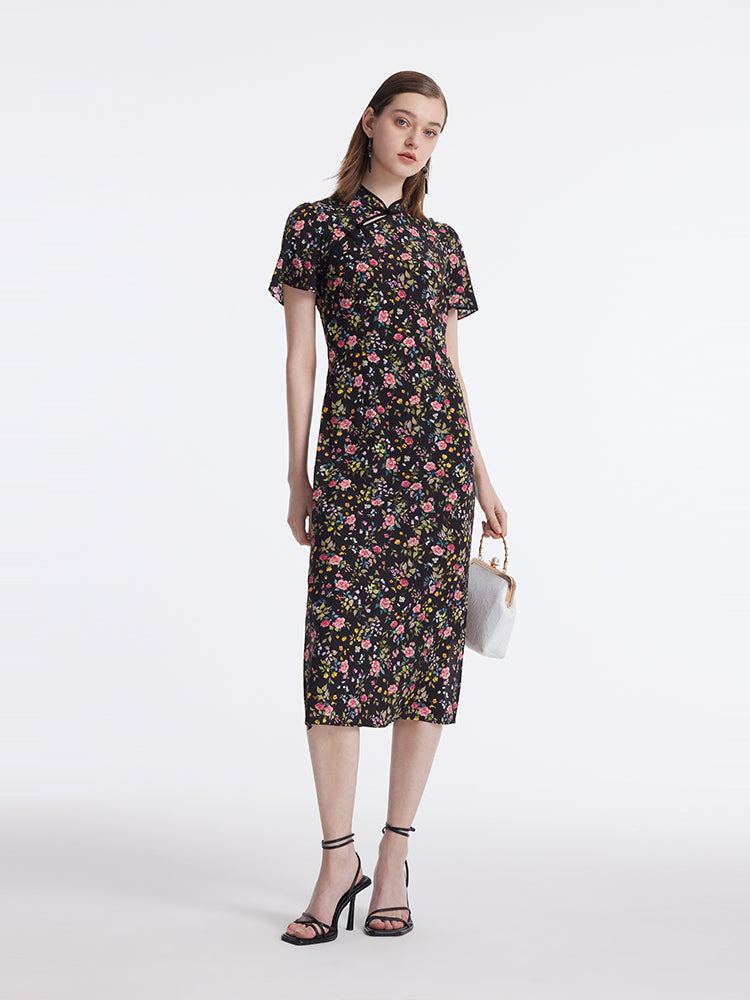 Mulberry Silk Slit Rose Printed Women Qipao Midi Dress GOELIA
