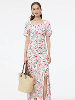 Silk Floral Print Women Midi Dress GOELIA