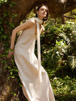 100% Linen Women Backless Strap Maxi Dress GOELIA
