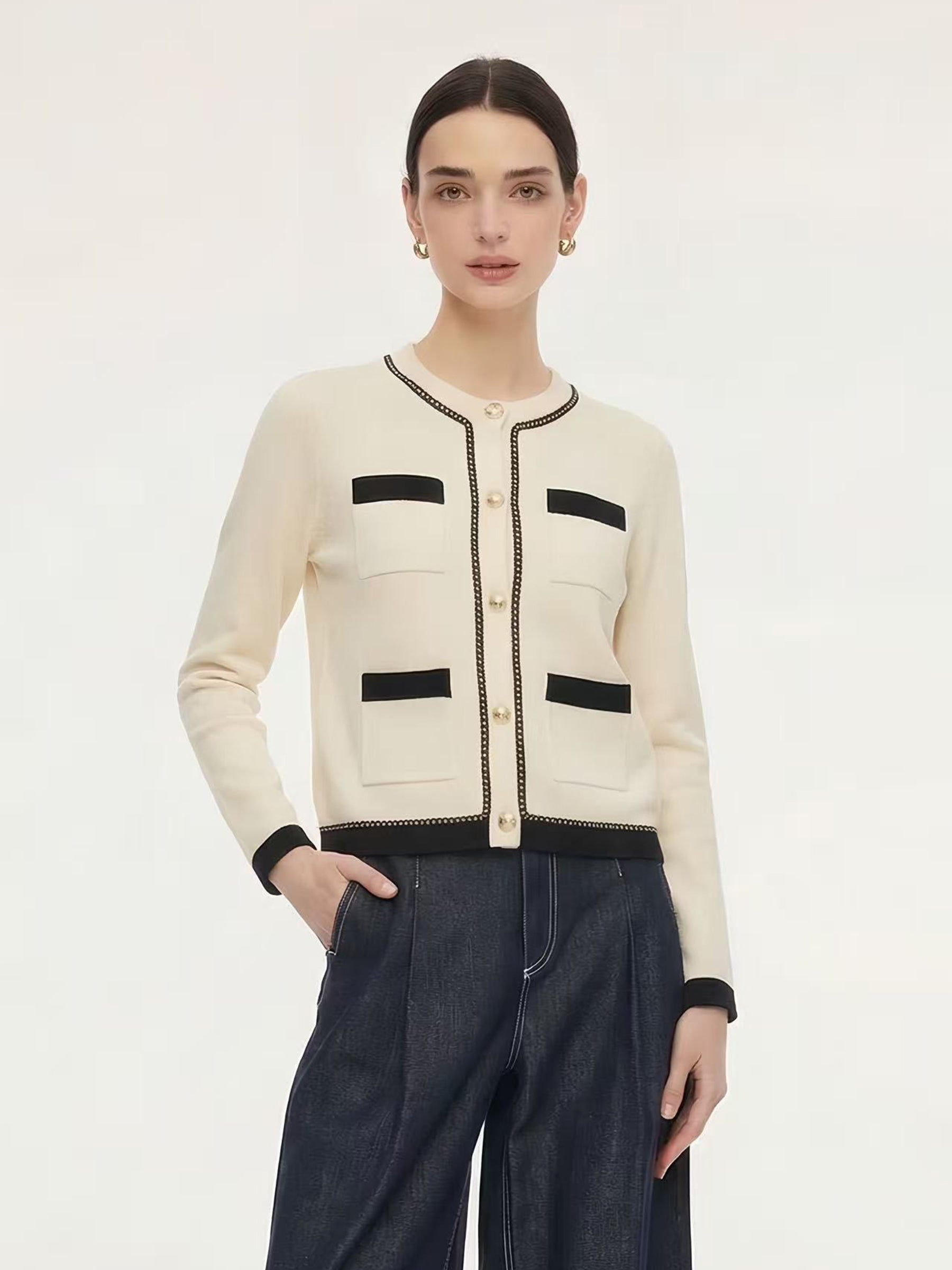 Tencel Blend Contrast Trim Women Cardigan GOELIA