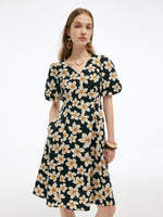 Cotton Stretch Floral Print Women Tie Belt Midi Dress GOELIA