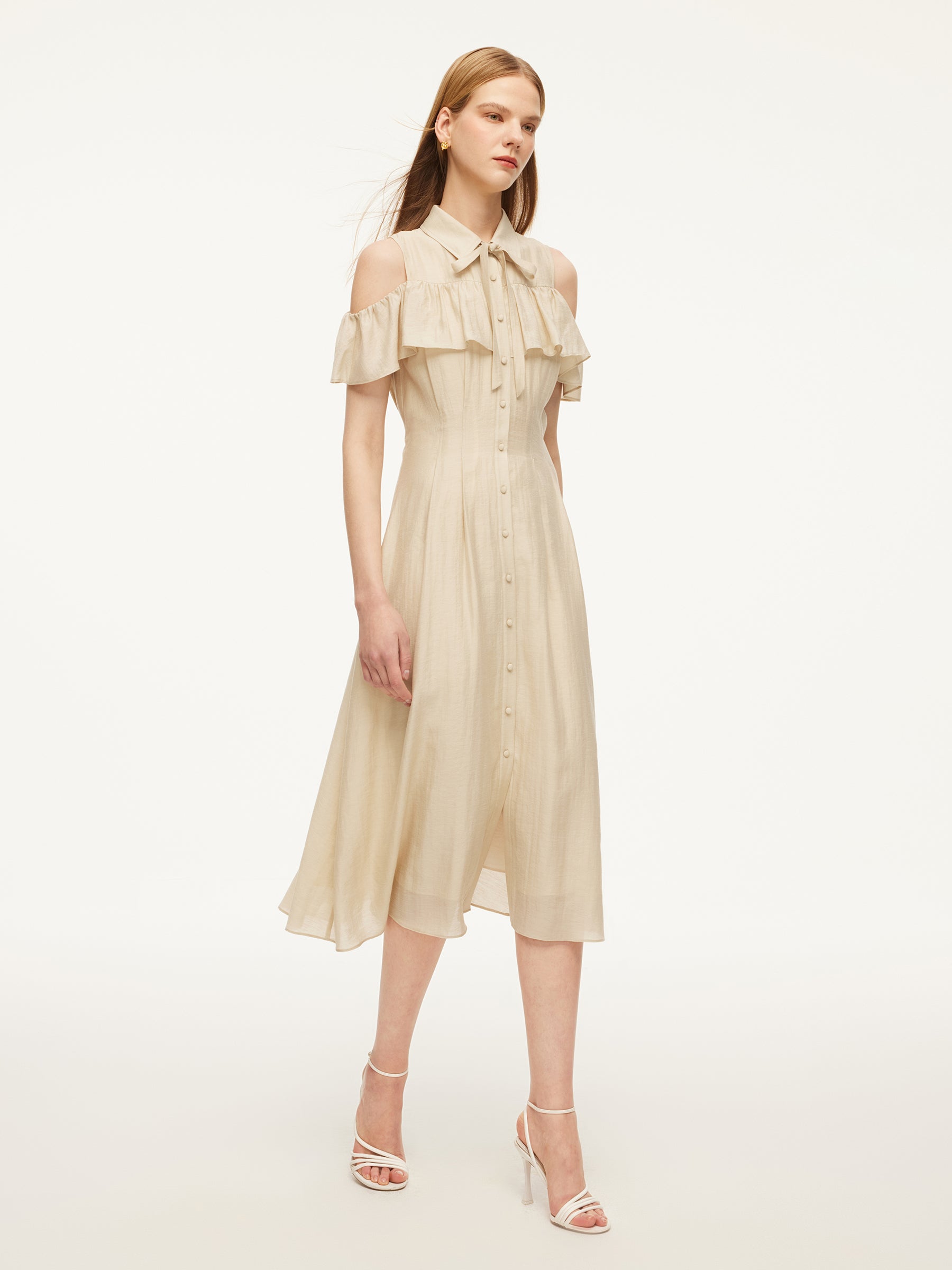 Tencel Acetate Linen Blend Cold Shoulder Women Maxi Dress GOELIA