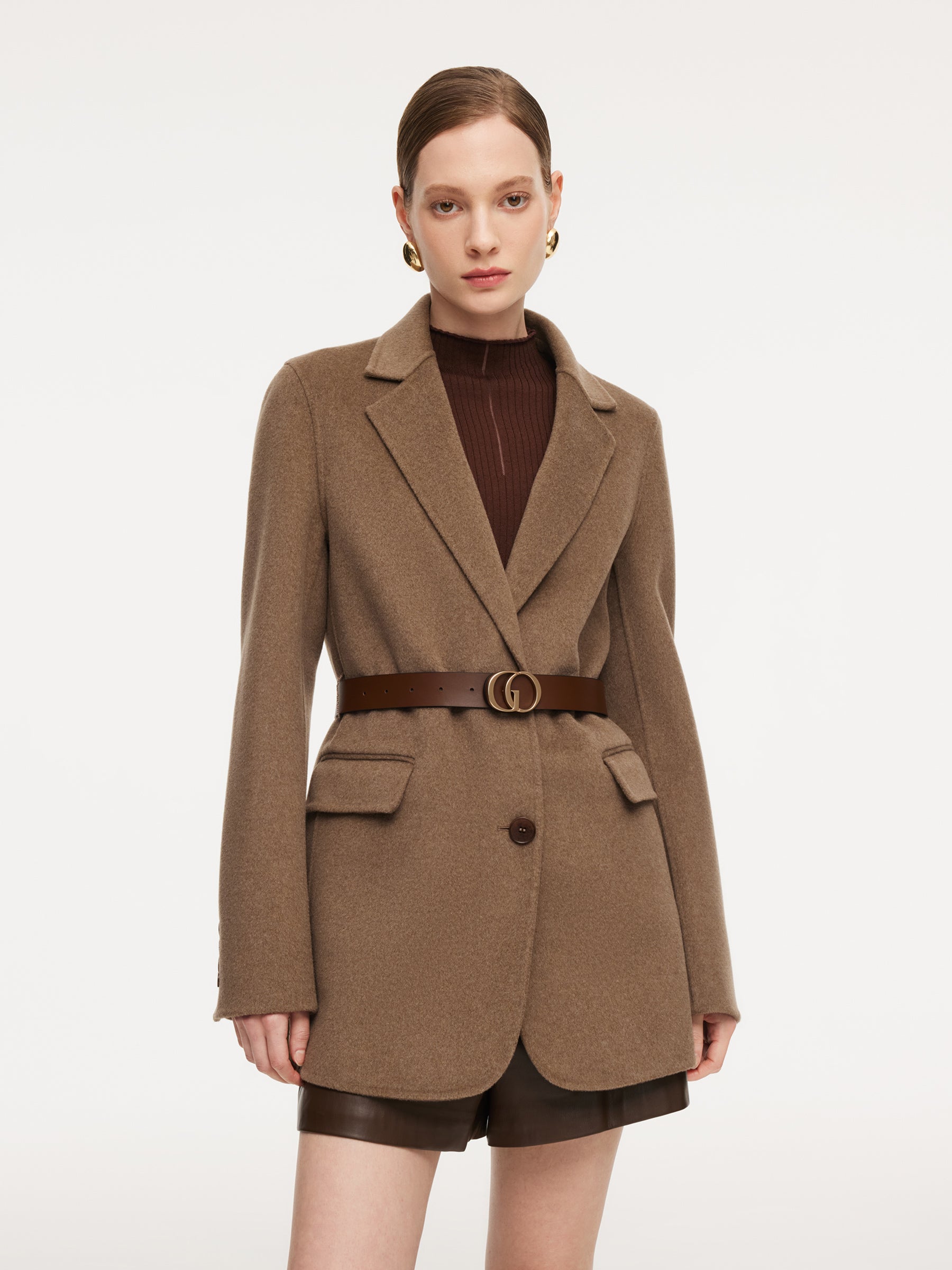 Cashmere Wool Blend Double-Faced Women Blazer With Leather Belt GOELIA