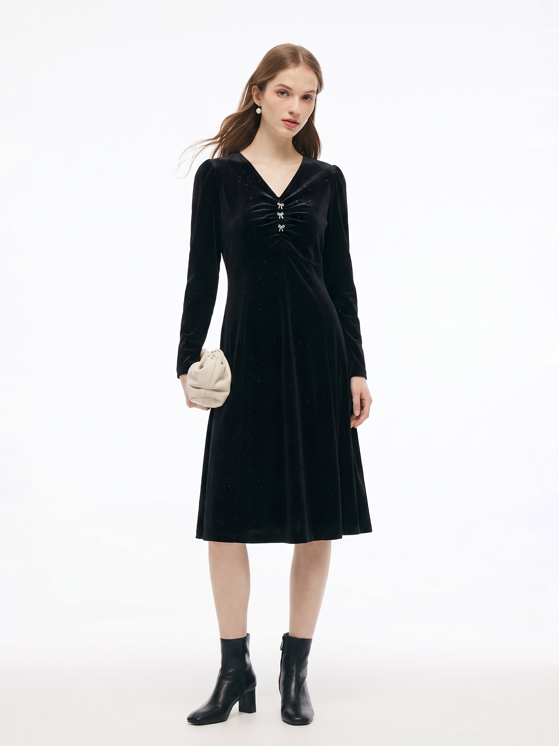 Velvet Sequins V-Neck Women Midi Dress GOELIA