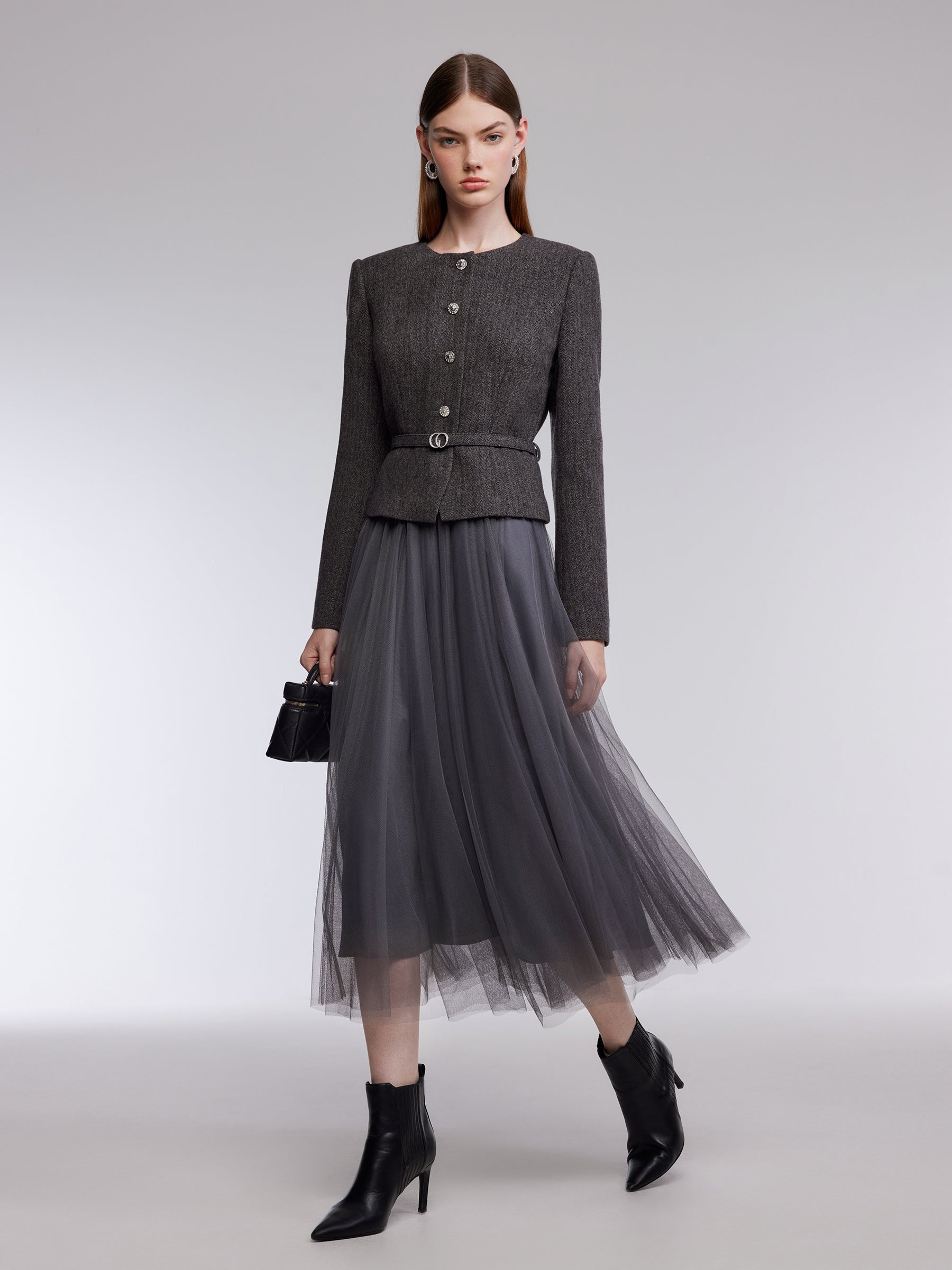 Washable Merino Wool Patchwork Women Maxi Dress With Belt GOELIA
