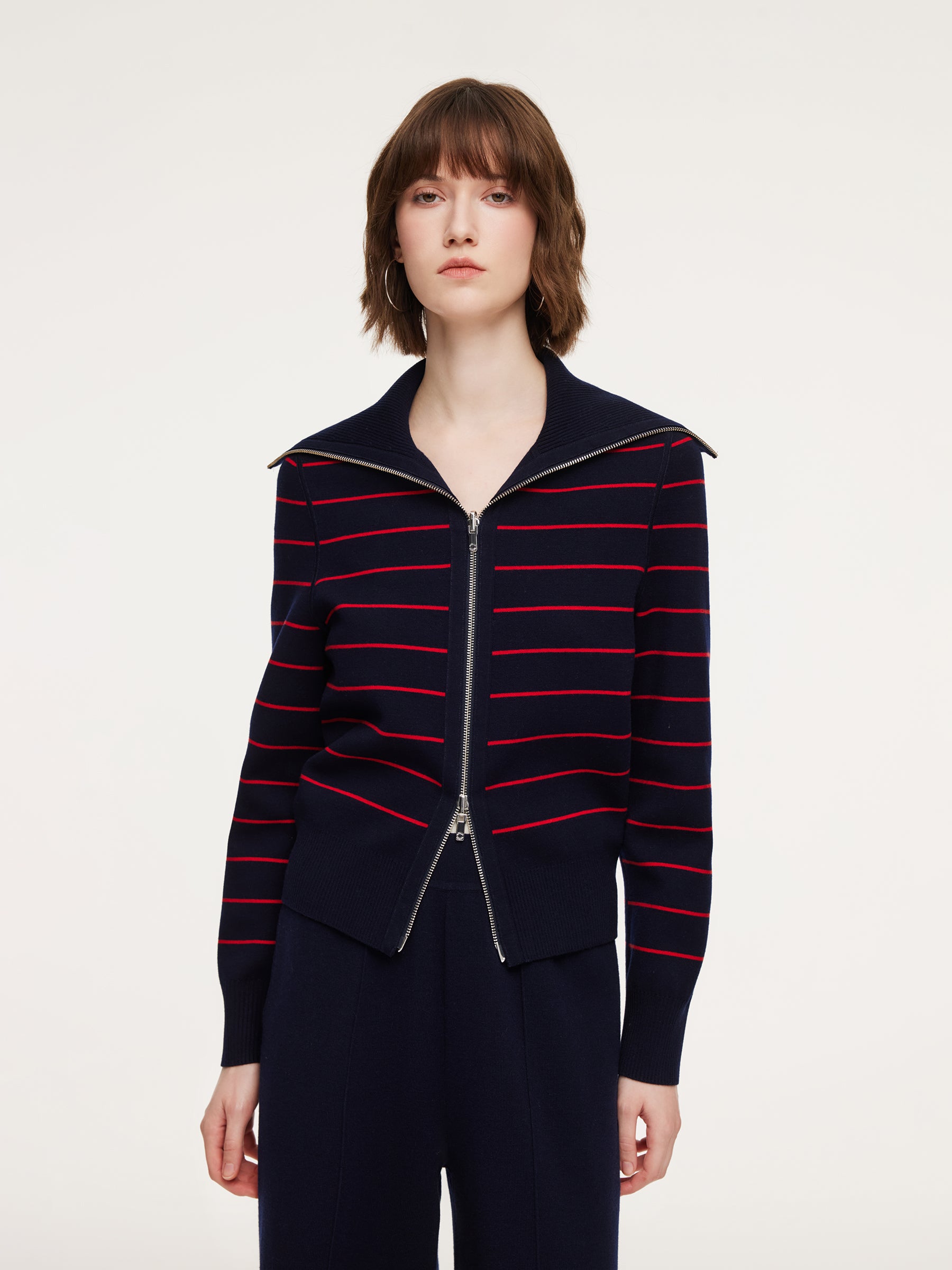 Lyocell Wool Blend Stripe Reversible Zip-Up Women Cardigan GOELIA