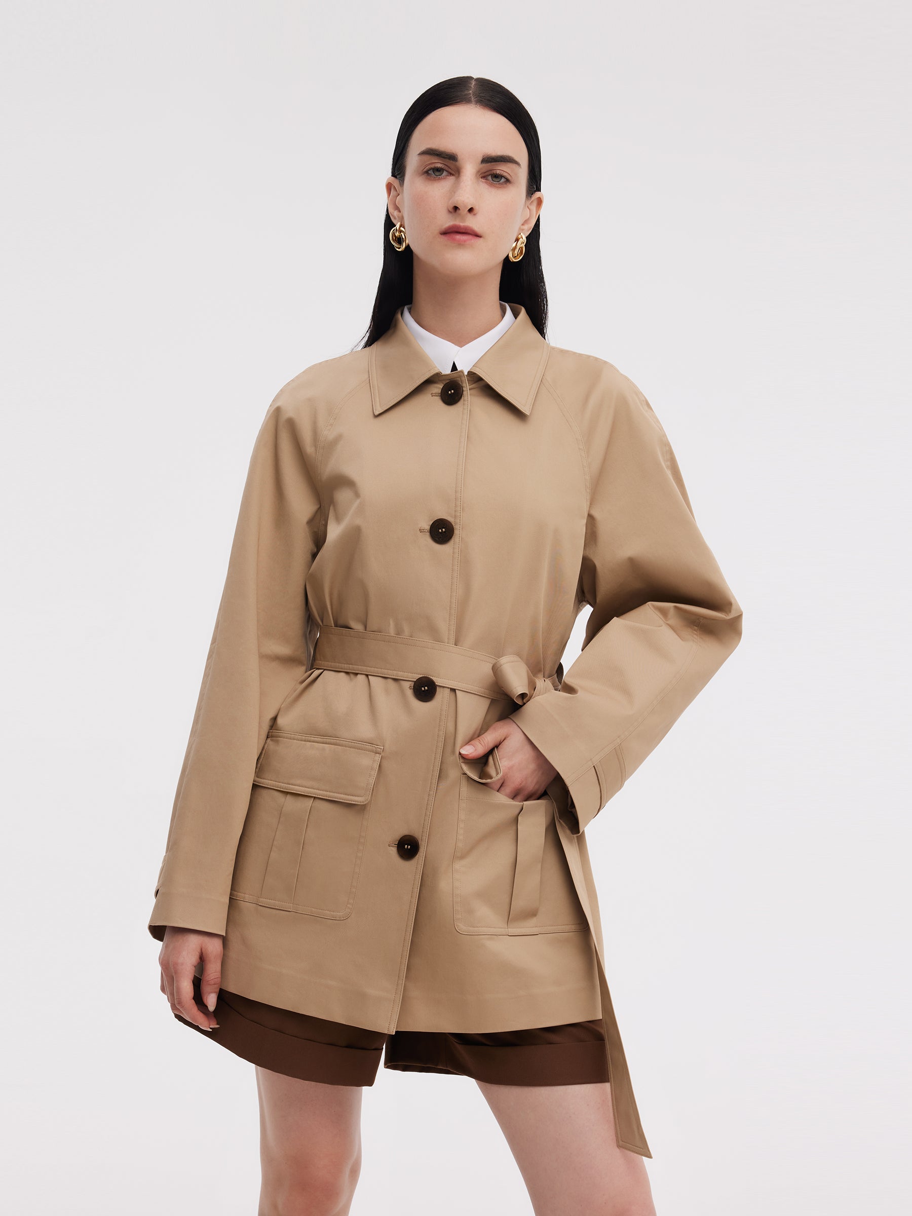 Cotton Adjustable Cuffs Self-Tie Belt Women Trench Coat GOELIA
