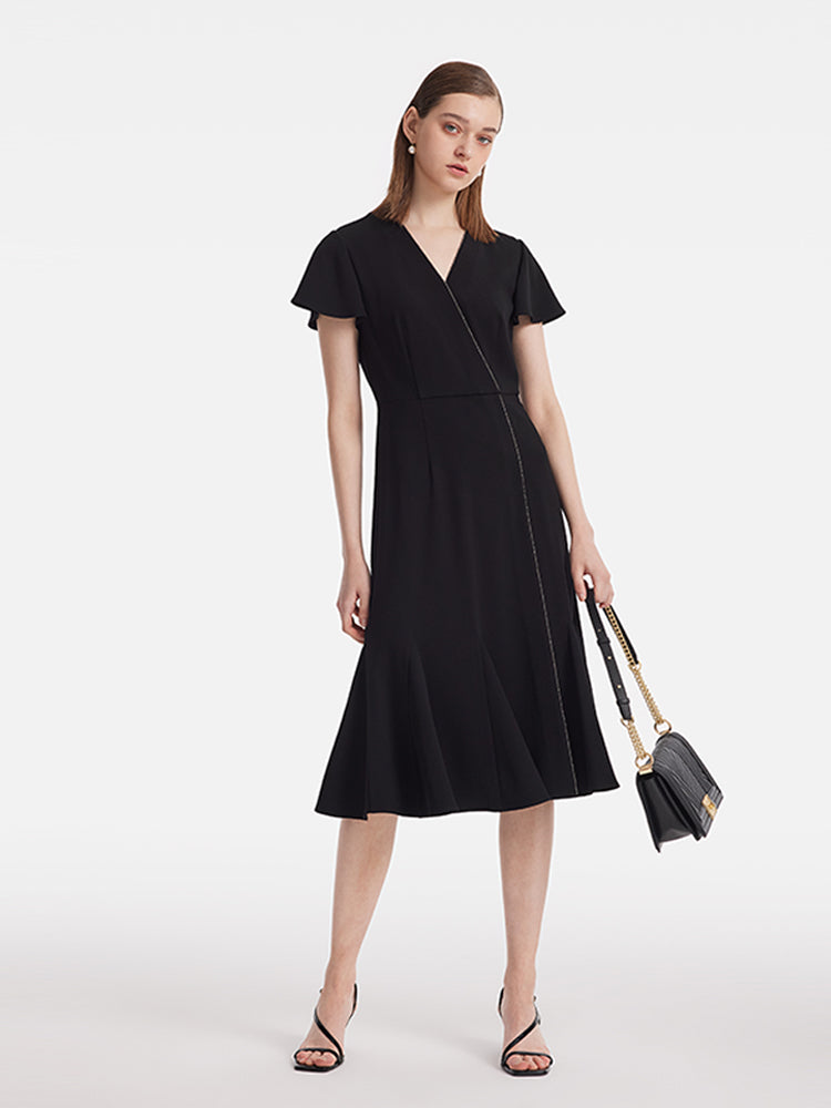 Triacetate V-Neck Ruffle Women Midi Dress GOELIA