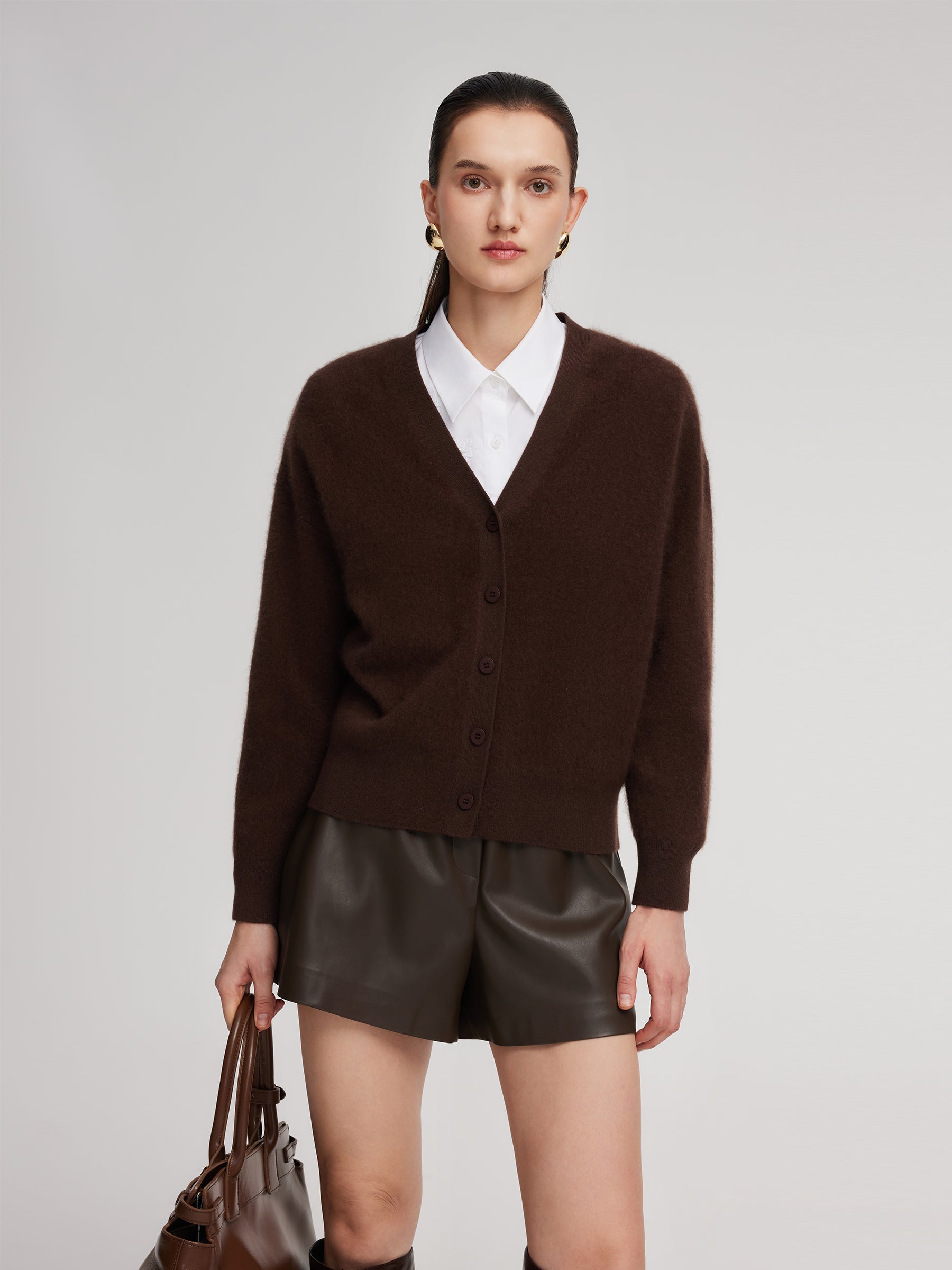 100% Brushed Wool V-Neck Women Cardigan GOELIA