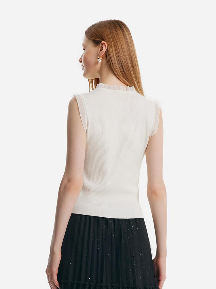 Lyocell Blend Black Ruffle-Detailing Women Tank Top