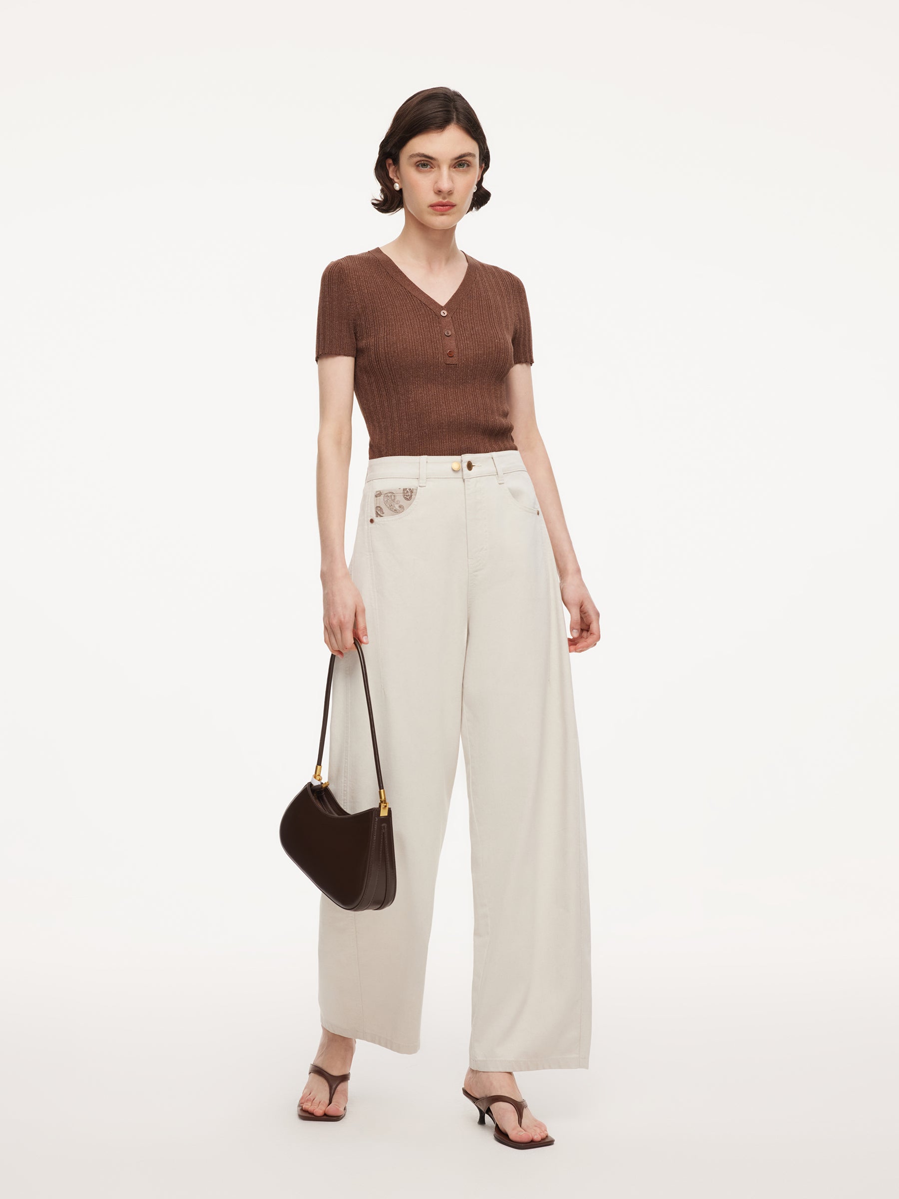 Cotton Denim Paisley-Detail Women Curved Leg Jeans GOELIA