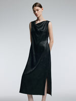 19MM Gambiered Canton Gauze Women Jacquard Cowl Neck Maxi Dress GOELIA