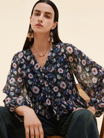 10MM Mulberry Silk Floral Print Women Ruffle V-Neck Blouse GOELIA