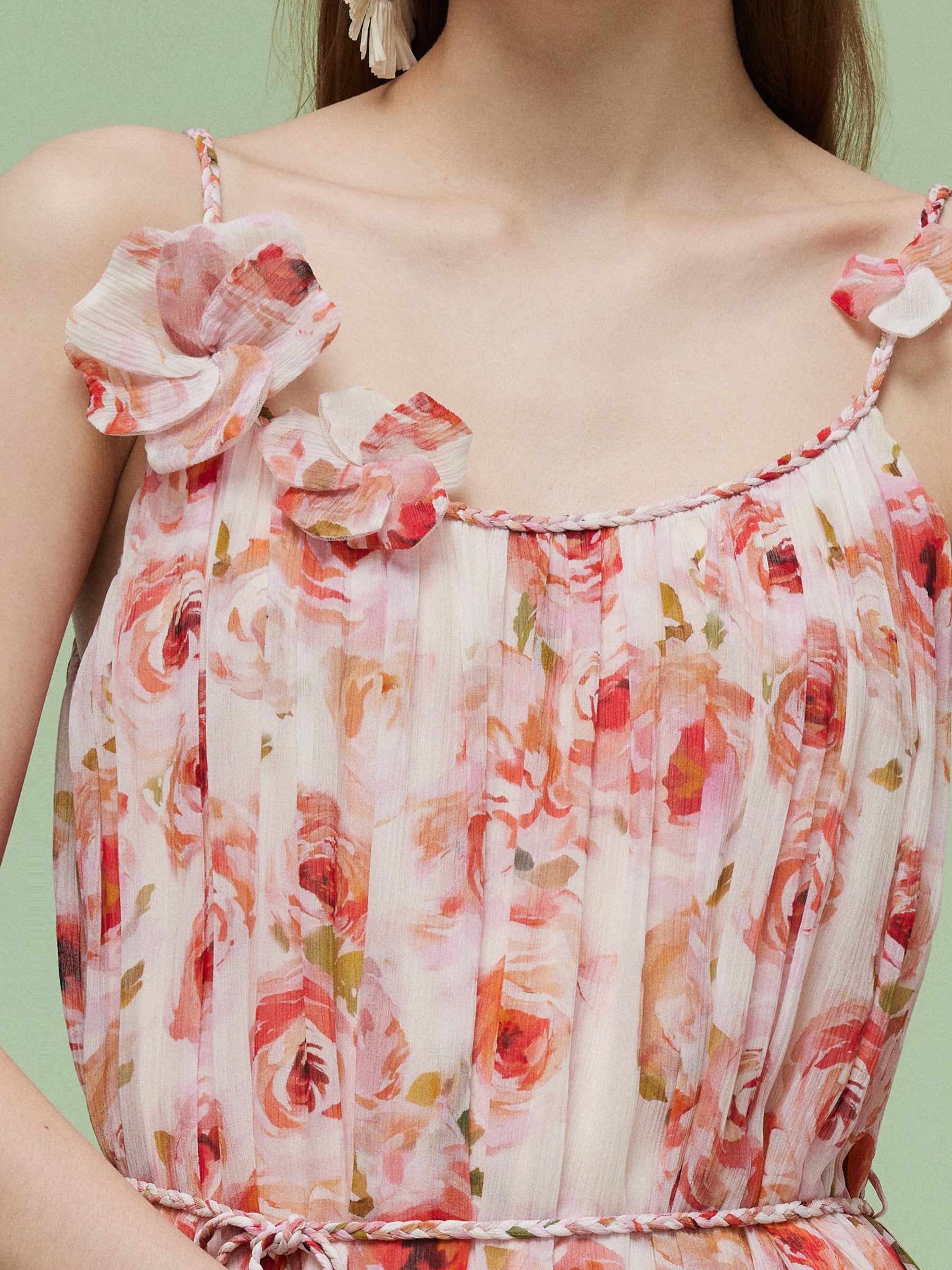 10MM Mulberry Silk Rose Print Women Strap Maxi Dress GOELIA