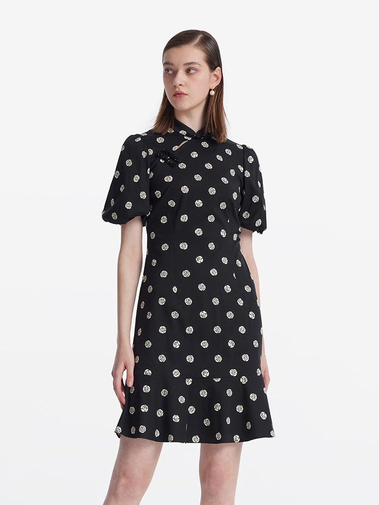 Rose Printed Puff Sleeves Women Qipao Mini Dress GOELIA