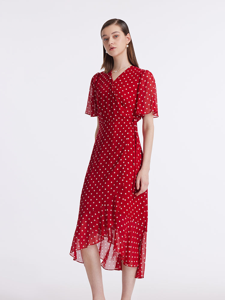 10 Momme Mulberry Silk Polka Dots Printed Wrapped Ruffle Women Midi Dress GOELIA