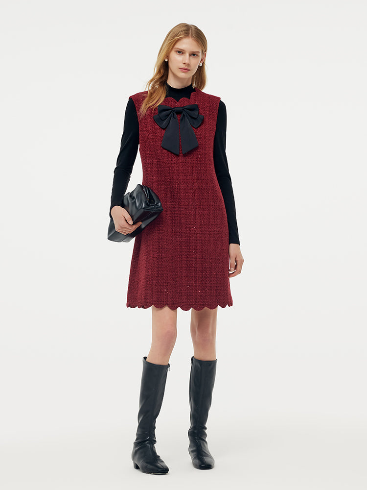 Tweed Sequins Mini Dress And Knit Top Two-Piece Set With Detachable Bowknot GOELIA
