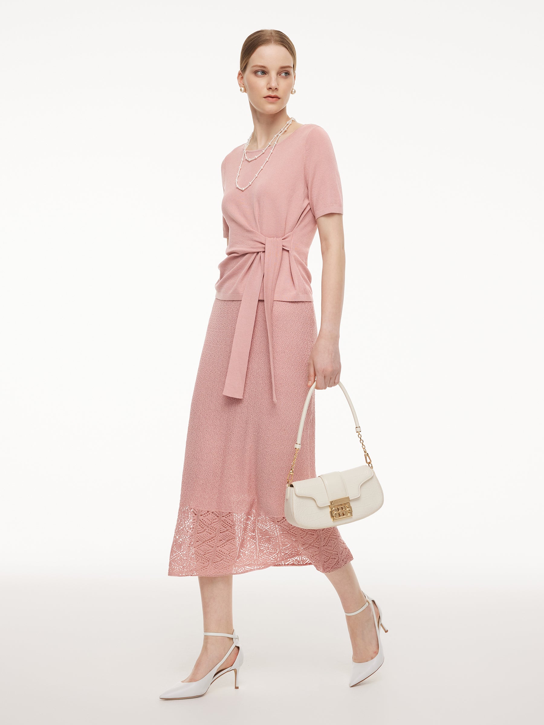 Tencel Blend Tie Front Knit Top And Crocheted Column Skirt Two-Piece Set GOELIA