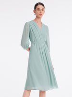 V-Neck Pleated Lace Up Wrap Midi Dress GOELIA