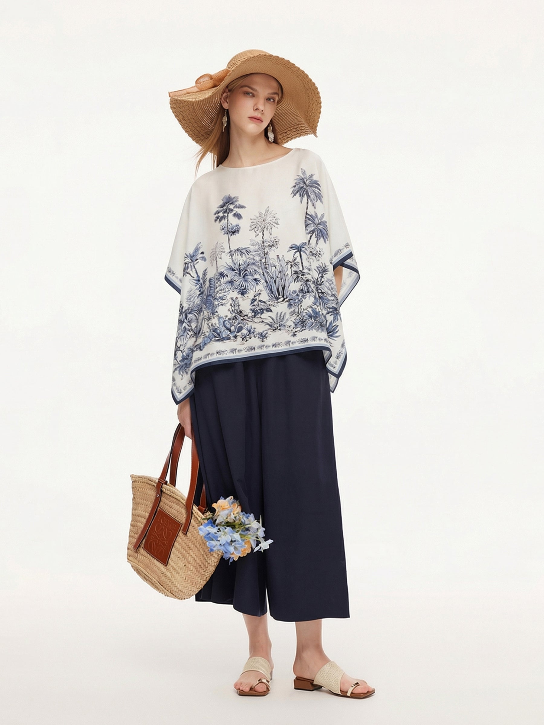 12MM Mulberry Silk Floral Print Women Cape Blouse GOELIA