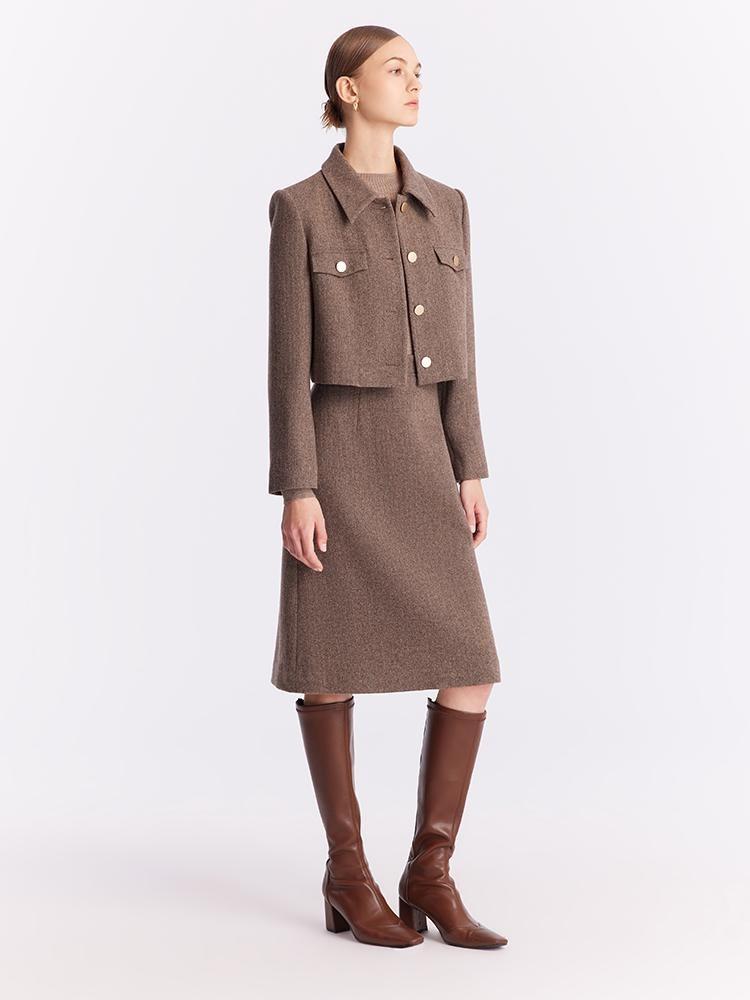 Washable Wool Crop Jacket And Skirt And Sweater Three-Piece Suit GOELIA