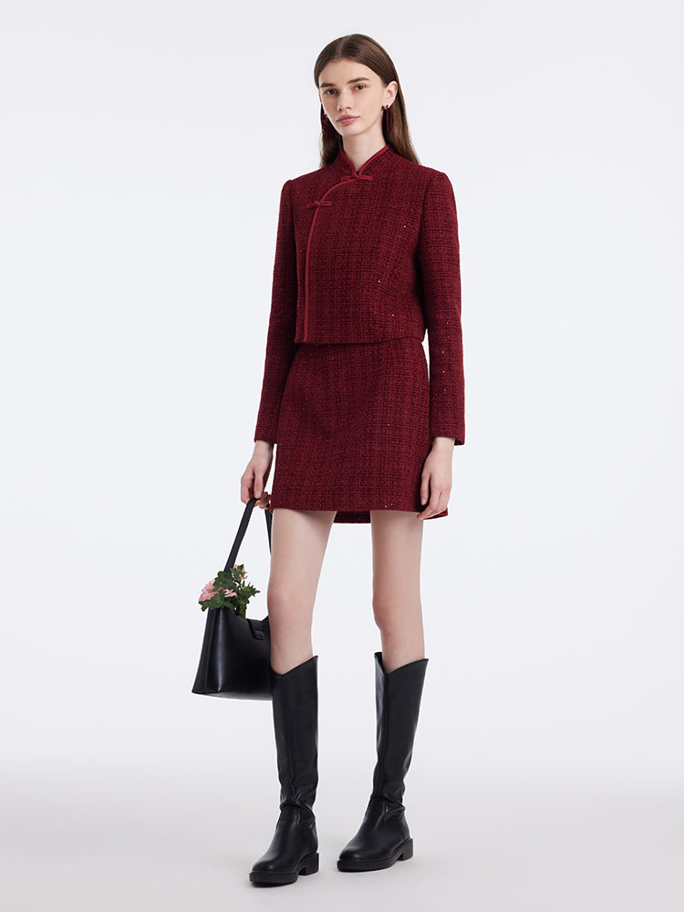 New Chinese-Style Mandarin Collar Crop Jacket And Skirt Two-Piece Set GOELIA