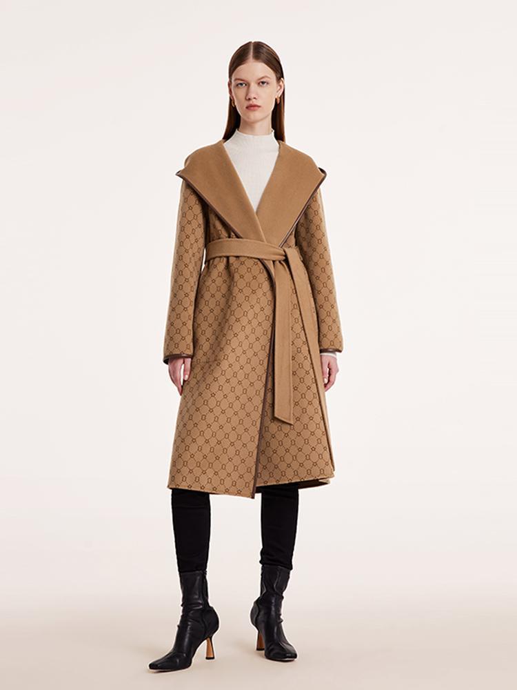 Pure Wool Reversible Hooded Printed Women Coat GOELIA