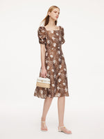Tencel Blend Floral Print Square Neck Women Midi Dress GOELIA