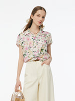 19MM Mulberry Silk Floral Print Women Twist Front Top GOELIA