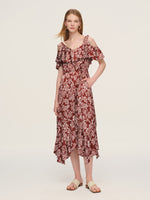 Marigold Floral Print Cold Shoulder Women Strap Maxi Dress GOELIA