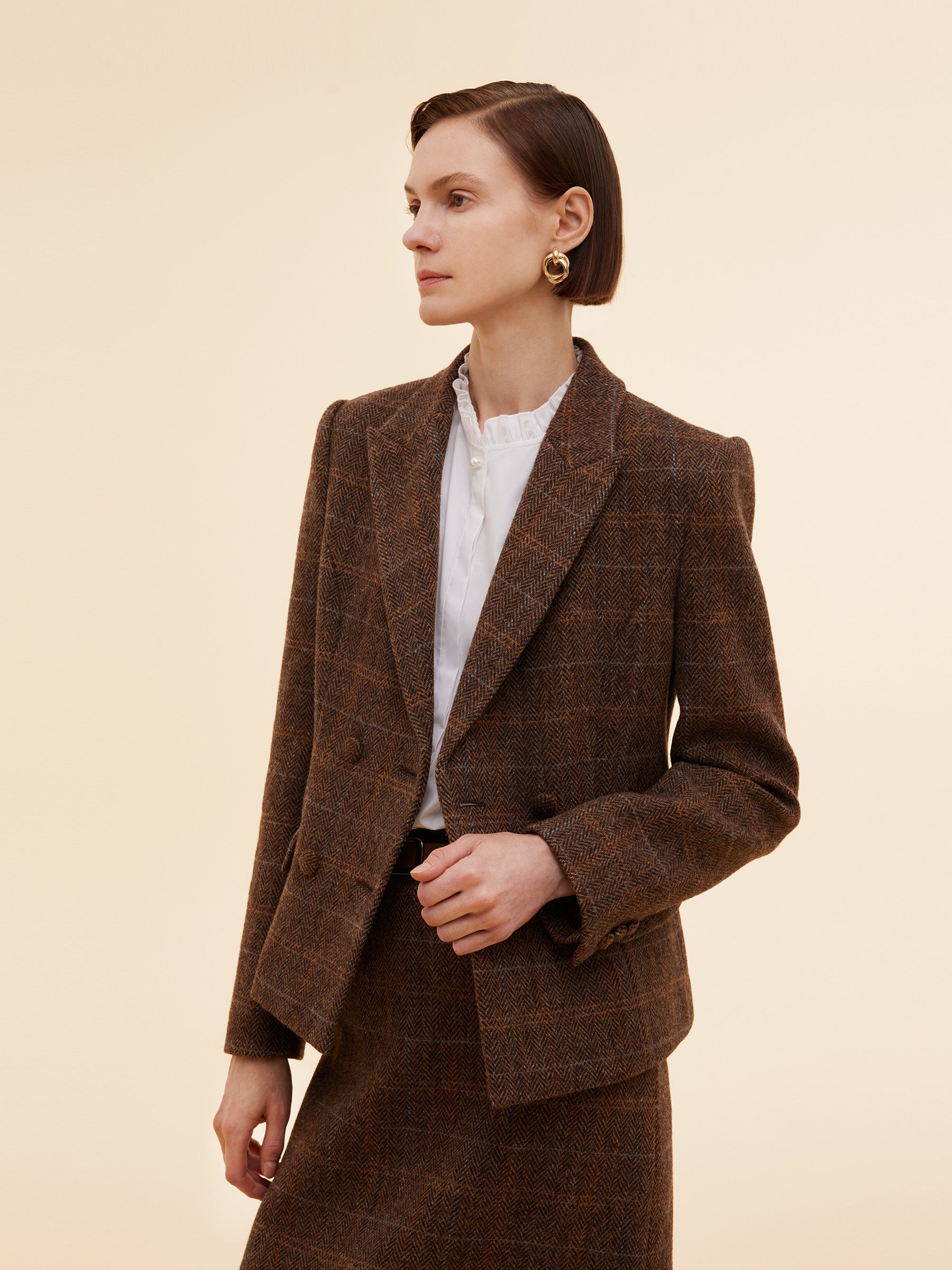 100% Wool Plaid Slim Fit Women Blazer GOELIA
