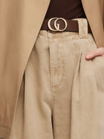 Cotton Denim Straight Wide Leg Women Folded Jeans With Belt GOELIA
