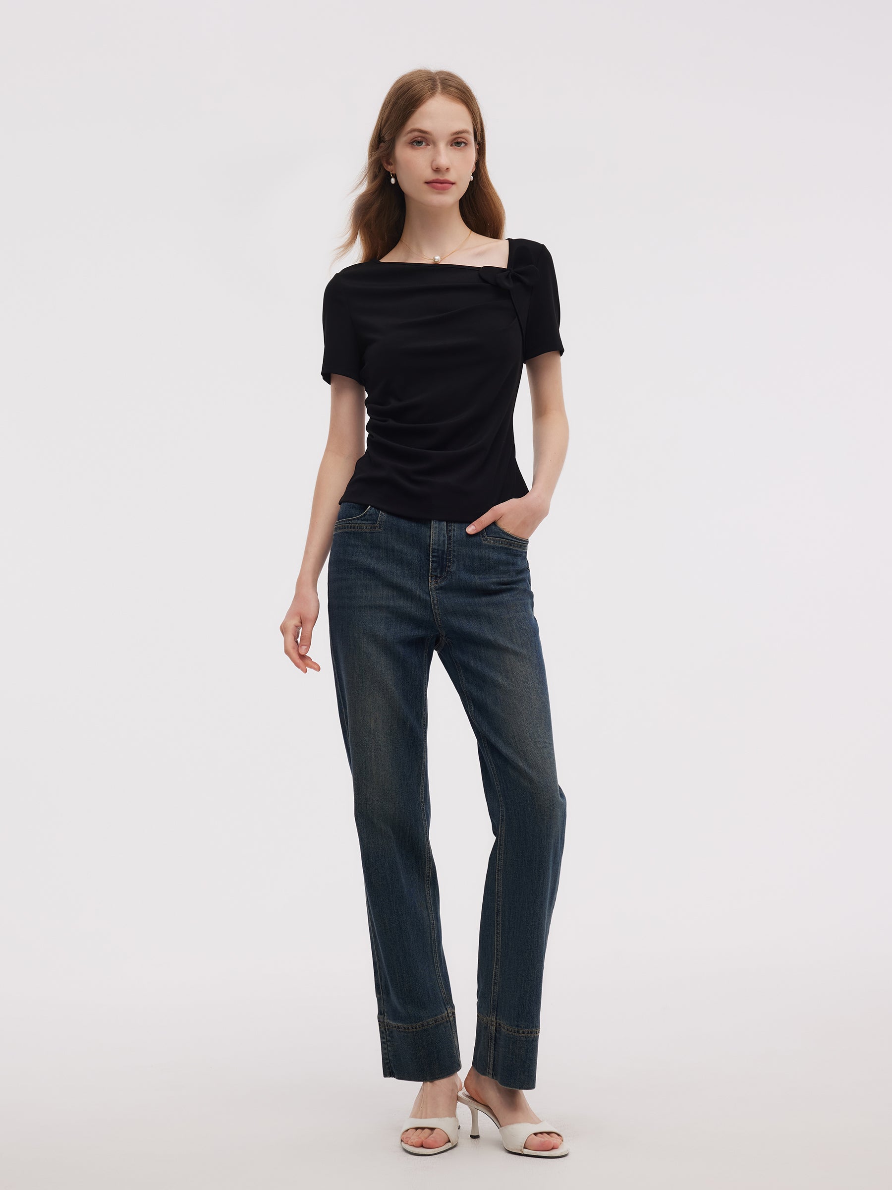 Acetate Blend Asymmetric Neckline Women T-Shirt GOELIA