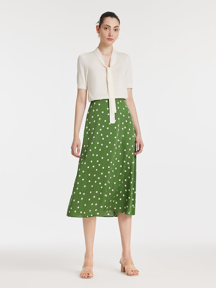 Bow Tie Neck Knit Top And Mulberry Silk Polka Dots Print Half Skirt Two-Piece Set GOELIA